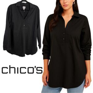 Chico's Elegant Black Cotton Blend Button Down Shirt XL